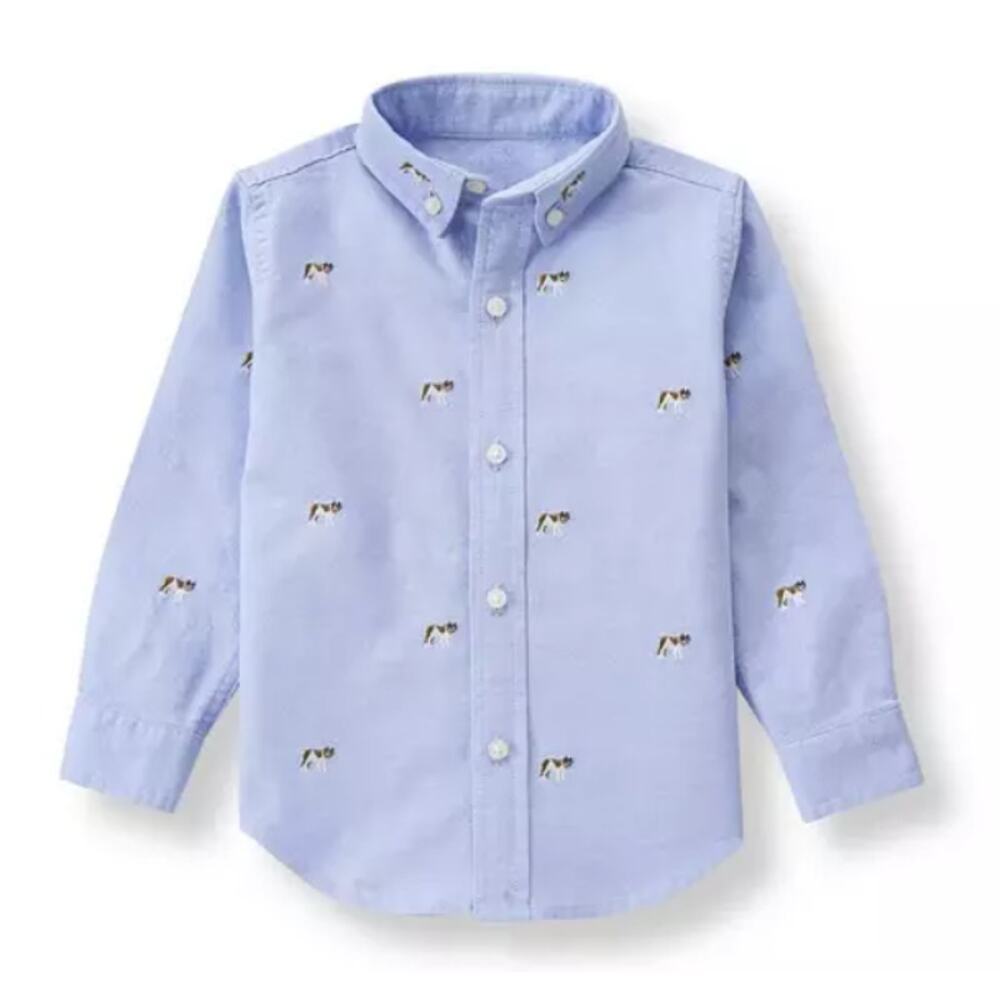 Janie and Jack Boys Size 3 Blue Embroidered Dog Oxford Button Down Shirt